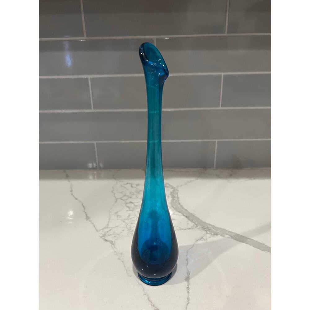 Mid-Century Modern Viking Blue Swung Art Glass Vase- Quantity 2 Excellent Cond
